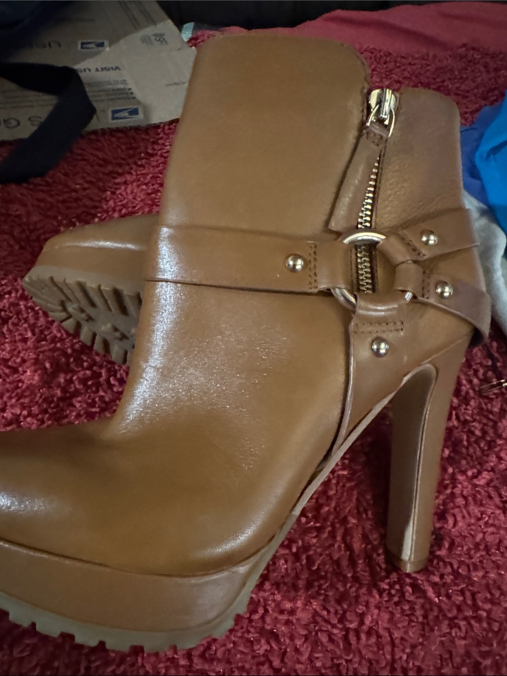 Gianni Bini Cognac Brown Platform Ankle Boot with Gold Hardware